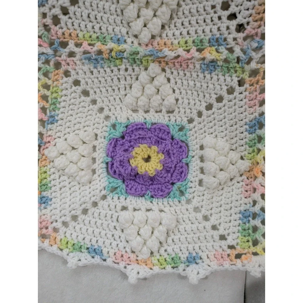 Vintage Crocheted Baby Afghan Crib Blanket Throw‎ Floral Pastel 50x38 Handmade